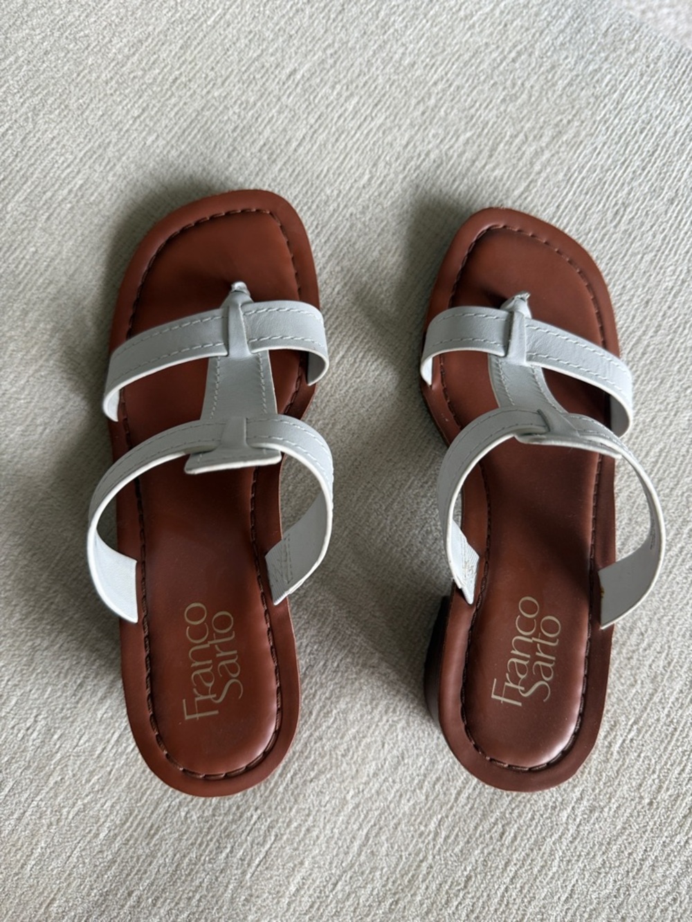 Franco Sarto White Leather T-Strap Sandals with Brown Footbed
